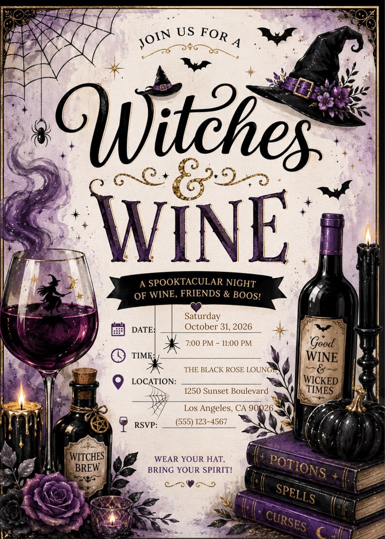 Pu&ograve; includere: Un volantino d'invito per l'evento Witches & Wine con grafiche viola e nere di un cappello da strega, calice di vino, bottiglia, candele e libri. Il testo include la data del 31 ottobre 2026, l'orario e il luogo dell'evento.