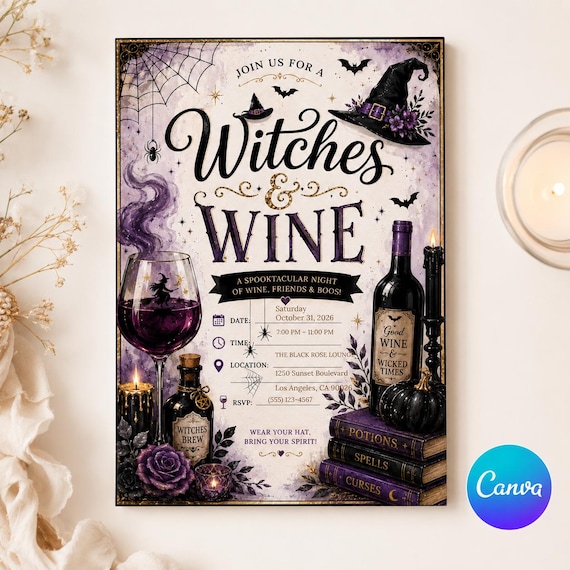 Halloween Witches Wine Party Invitation, Spooky Wine Night Invite, Editable Canva Template