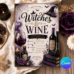Pu&ograve; includere: Un invito rettangolare intitolato Witches & Wine con grafiche di Halloween viola e nere, tra cui un cappello da strega, un calice di vino, una bottiglia, candele e libri impilati. Il testo include i dettagli dell'evento per il 31 ottobre 2026.