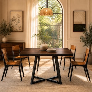 May include: A square dining table with a dark brown wooden top and black metal legs, surrounded by four chairs featuring black frames and tan leather seats. A light-colored ceramic vase sits in the center of the table under a woven pendant light.