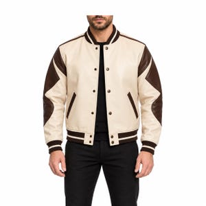 Men's Cream and Brown Leather Varsity Jacket, Sheepskin Letterman