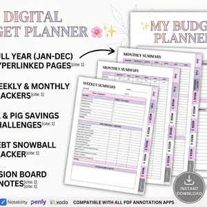 Puede incluir: Un planificador de presupuesto digital con páginas hipervinculadas para todo el año, incluyendo rastreadores semanales y mensuales, desafíos de ahorro, un rastreador de deuda y un tablero de visión con pestañas y texto en rosa y morado.