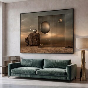 Surrealistische zwevende bollen op canvas, muurdecoratie met woestijnlandschap, abstract modern canvas, geometrische huisdecoratie, ontwerp met metalen bollen