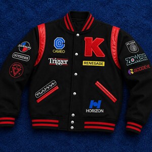 Zwarte wollen varsity-jas met rode leren afwerking, bomberjack met geborduurde patch, Foe herenmodel