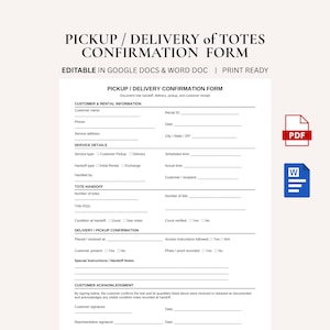 Könnte beinhalten: Ein digitales Bestätigungsformular für die Abholung und Lieferung von Behältern mit Abschnitten für Kundeninformationen, Servicedetails, Übergabe und Kundenbestätigung. Enthält PDF- und Word-Symbole auf der rechten Seite.