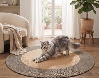 Peut inclure: Un tapis rond composé d'un cercle central beige entouré d'une large bordure tressée gris foncé. Le tapis est fabriqué à partir de corde enroulée et repose à plat sur un sol en bois, offrant une surface texturée à un chat tigré gris.