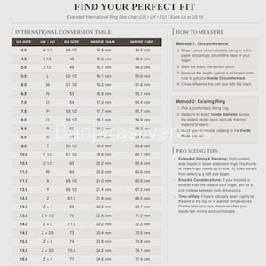 May include: A ring size conversion chart titled FIND YOUR PERFECT FIT, featuring an international table with US, UK, EU, inside diameter, and inside circumference measurements. It includes two methods for measuring ring size and pro sizing tips.