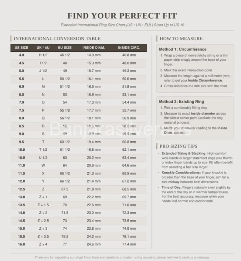 May include: A ring size conversion chart titled FIND YOUR PERFECT FIT, featuring an international table with US, UK, EU, inside diameter, and inside circumference measurements. It includes two methods for measuring ring size and pro sizing tips.