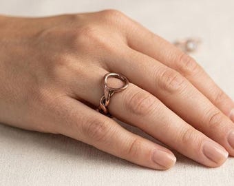 Solid Copper Twisted Rope Oval Ring, Boho Geometric Statement Jewelry