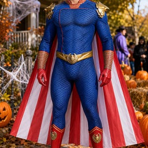 May include: A blue textured bodysuit with red piping, gold eagle shoulder pauldrons, and a gold eagle belt buckle. The outfit includes red gloves, red boots with gold eagle emblems, and a long cape featuring vertical red and white stripes.