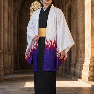 May include: A traditional Japanese-style outfit consisting of a black kimono, a wide gold obi belt, and a white haori jacket. The haori features a distinctive flame pattern at the hem, transitioning from a deep purple gradient to bright red flames.