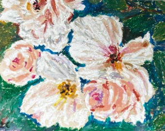 Original oil pastel white rose painting, unframed floral wall art, small textured flower painting