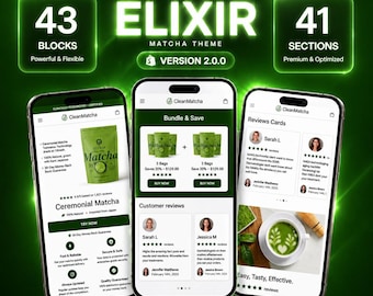 May include: A digital display featuring the Elixir Matcha theme for Shopify version 2.0.0, showcasing three smartphone screens with e-commerce layouts. The interface includes product pages, bundle options, and customer reviews on a dark green background.