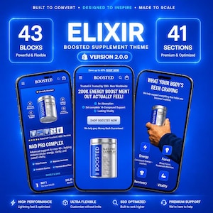 May include: Three smartphones display a blue-themed e-commerce website for Boosted NAD Pro Complex supplements. The screens show product details, pricing, and marketing text including 43 blocks and 41 sections. The background is a vibrant blue.