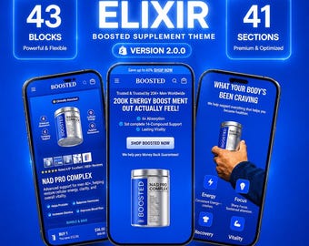 May include: Three smartphones display a blue-themed e-commerce website for Boosted NAD Pro Complex supplements. The screens show product details, pricing, and marketing text including 43 blocks and 41 sections. The background is a vibrant blue.