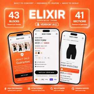 May include: Three smartphones display the Elixir Shapewear Theme version 1.6.2 on an orange background. The screens show product pages for Body Form shaper shorts with pricing, size options, and a money-back guarantee. Text includes 43 blocks and 41 sections.