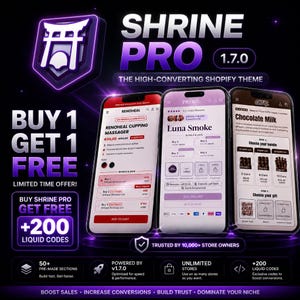 May include: A digital advertisement for Shrine Pro 1.7.0, a Shopify theme. The graphic features three smartphones displaying e-commerce store interfaces, surrounded by purple neon text including Buy 1 Get 1 Free, and 200 liquid codes. The background is dark.