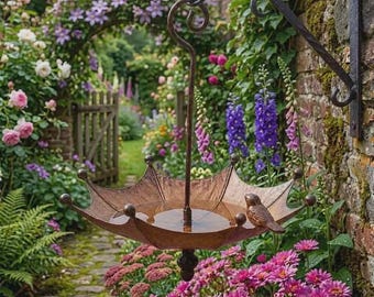 Vintage Cast Iron Umbrella Bird Feeder and Bath, Rustic Garden Decor
