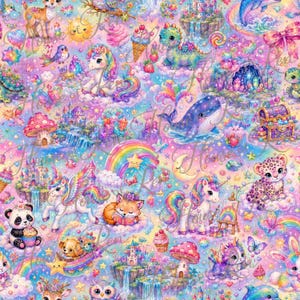 May include: A repeating pattern fabric featuring a vibrant, pastel-colored fantasy scene with unicorns, a whale, a panda, a leopard, a fox, and a dragon. The design includes rainbows, castles, mushrooms, stars, and sweets on a glittery background.