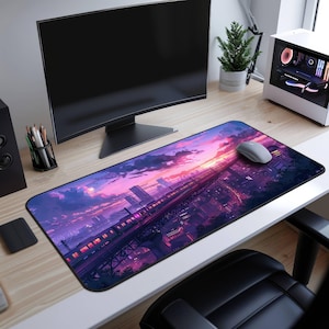 Tapete de mesa Tokyo Sunset Train - Tapete de mesa estilo anime, mousepad gamer, mousepad XL com estética lo-fi, decoração de mesa com tema da cidade japonesa, presente para gamers