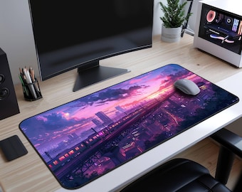 Tokyo Sunset Train bureaumat - Anime bureaumat, gaming muismat, lofi esthetiek XL muismat, Japanse stadsdecoratie voor op het bureau, cadeau voor gamers