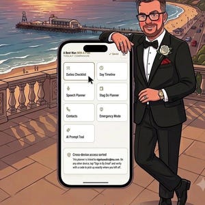 Könnte beinhalten: Eine digitale Illustration eines Smartphones, das die Benutzeroberfläche der App A Best Man With A Plan anzeigt, mit Aufgabenliste, Redenplaner und Zeitplan. Neben dem Telefon steht eine Person in einem schwarzen Smoking mit weißer Rose.