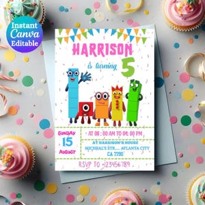 以下が含まれることがあります： カラフルなブロックキャラクターが描かれた白い誕生日招待状。Harrison is turning 5、Sunday 15 August、at 08:00 AM to 04:00 PM、at Harrison's house、Micheal's Str... Atlanta City, CA 7790、RSVP to +123456789というテキストが記載されています。