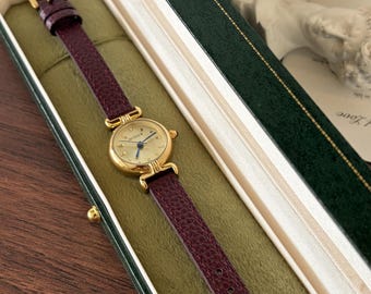Custom Gold Round Dial Wristwatch for Women, Burgundy Leather Women's Watch, Retro Blue Hands Wristwatch