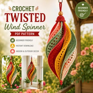Könnte beinhalten: Eine PDF-Häkelanleitung für ein gedrehtes Windspiel, bestehend aus einem mehrfarbigen hängenden Ornament in Rot, Gelb, Salbeigrün und Creme. Das Design umfasst eine Holzperle an der Oberseite, eine Aufhängeschlaufe und den Text Crochet Twisted Wind Spinner.