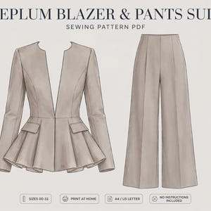 May include: A beige peplum blazer and wide-leg trousers sewing pattern PDF. The blazer features a deep V-neckline, long sleeves, and a pleated peplum waist with flap pockets. The trousers have a high waist and straight legs. Text reads PEPLUM BLAZER & PANTS SUIT.