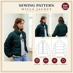Puffer Jacket Sewing Pattern PDF XS-XXXL Cropped Winter Coat Pattern with Stand Collar Front Zipper Quilted Puffy Jacket Digital Download