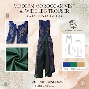 Patrón de costura en PDF para vestido largo bordado, patrón digital para chaleco túnica y pantalones de pierna ancha para mujer, patrón imprimible para crear un conjunto bohemio (descarga instantánea).