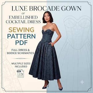 Schnittmuster (PDF), trägerloses Bustier-Midikleid, formelles Abendkleid, Vintage-Jacquardkleid (PDF) für Damen