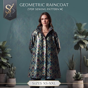 May include: A raincoat featuring a geometric pattern in shades of teal, purple, and gold. The text GEOMETRIC RAINCOAT PDF SEWING PATTERN and SIZES XS-XXL are visible. The coat has a high collar and a button-front closure, presented as a sewing pattern.