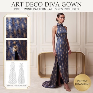 May include: A floor-length gown with a high neckline and a side slit featuring gold button accents. The fabric is navy blue with a gold fan-shaped pattern. The image includes text: ART DECO DIVA GOWN, PDF SEWING PATTERN - ALL SIZES INCLUDED.