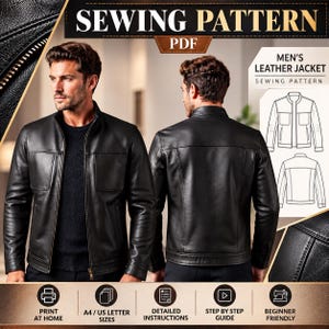 Men's Leather Jacket Sewing Pattern PDF, Biker Jacket Pattern for Men, DIY Faux Leather Motorcycle Jacket, Printable PDF Sewing Pattern