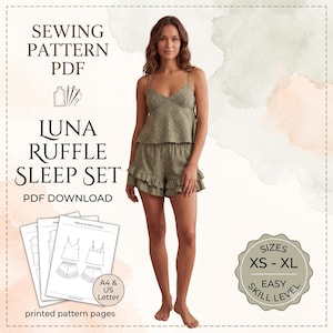 Sleep Set Sewing Pattern PDF, Cami and Ruffle Shorts Pajama Pattern Digital Download, Womens Loungewear Pattern, Easy PDF Sewing Pattern