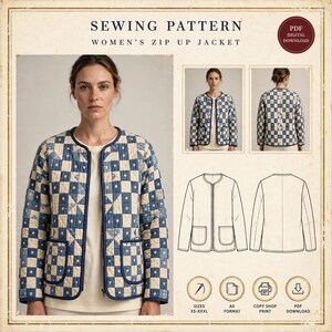 Zip Up Jacket Sewing Pattern Pdf Women Quilted Patchwork Zip Jacket Xs-Xxxl Front Zipper Long Sleeve Diy