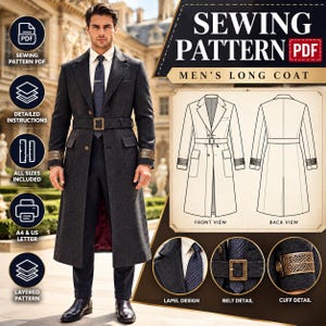 May include: A digital sewing pattern for a long coat, featuring a charcoal grey wool-textured coat with a belted waist, notched lapels, and decorative metallic cuff bands. The graphic includes technical line drawings of front and back views.