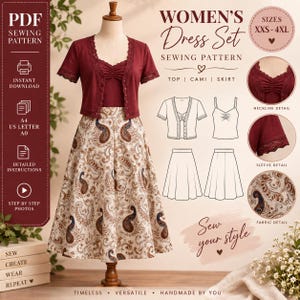 May include: A PDF sewing pattern for a dress set including a top, cami, and skirt. The display shows a maroon cardigan over a matching cami and a cream skirt with a brown paisley print. Includes technical line drawings and detail circles.