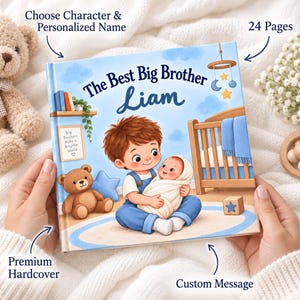 May include: A hardback children's book titled The Best Big Brother Liam featuring an illustration of a young boy holding a swaddled infant. The cover includes a cot, a teddy bear, a mobile, and text indicating 24 pages and custom messages.