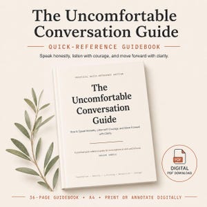 May include: A 36-page A4 guidebook titled The Uncomfortable Conversation Guide, featuring a cream cover with black text. The cover includes the subtitle How to Speak Honestly, Listen with Courage, and Move Forward with Clarity by Dragan Andric.