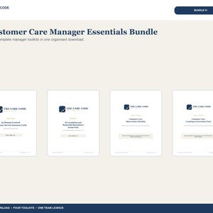 May include: A digital download titled Customer Care Manager Essentials Bundle containing four toolkits: 30 Human-Centered Customer Service Scenario Cards, De-escalation and Respectful Boundaries Script Pack, Customer Care Observation Checklist, and Coaching Conversation Pack.