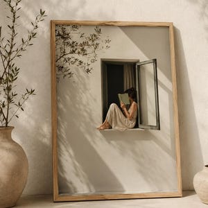 Woman Reading in Window Print | Sage Green Reading Nook Wall Art Print | Minimalist Book Lover Decor | Slow Living Gift (Digital Download)