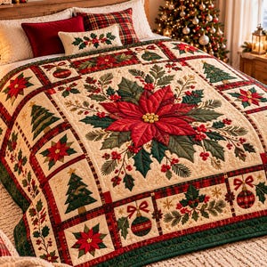 May include: A quilted bedspread featuring a large central poinsettia motif surrounded by a grid of squares containing Christmas trees, holly leaves, red berries, and hanging ornaments in a colour palette of cream, deep red, and forest green.