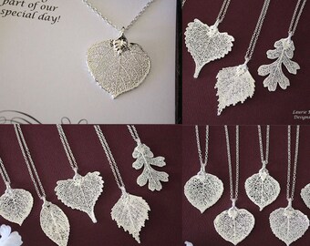 1 to 6 Silver Leaf Necklace, Real Leaf Necklaces, Thank You Card, Real Silver Leaf, Bridesmaid Jewelry, Aspen, Cottonwood, Birch, Evergreen
