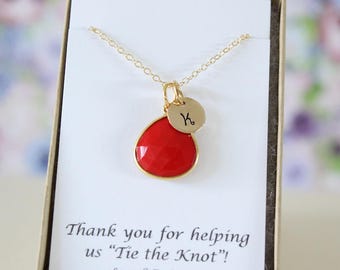 Monogram Bridesmaid Necklace Coral, Bridesmaid Gift, Red Gemstone, Gold, Initial Jewelry, Personalized, Initial Charm
