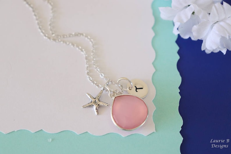 Sterling Silver Brush Pink Gemstone Personalized Bridesmaid Gift Jewelry 3 Starfish Initial Bridesmaid Necklace and Earring set Pink