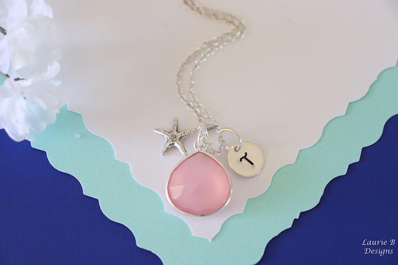 Sterling Silver Brush Pink Gemstone Personalized Bridesmaid Gift Jewelry 3 Starfish Initial Bridesmaid Necklace and Earring set Pink