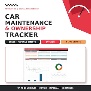 May include: A digital car maintenance and ownership tracker spreadsheet for Excel and Google Sheets. The interface features a red and white design with a speedometer icon, 10 tabs, 4 live charts, and supports up to 10 vehicles with metric and imperial units.